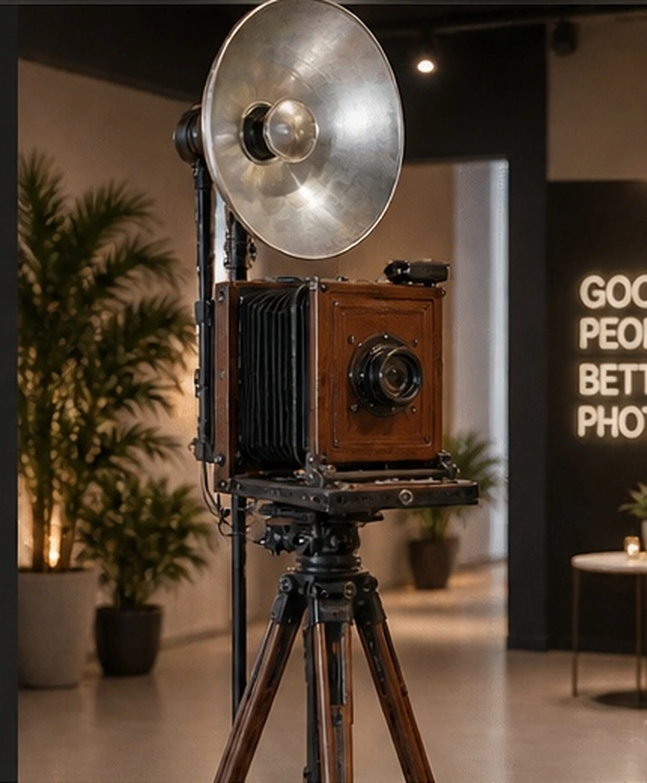 The vintage wooden camera photo booth with studio reflector and tall tripod