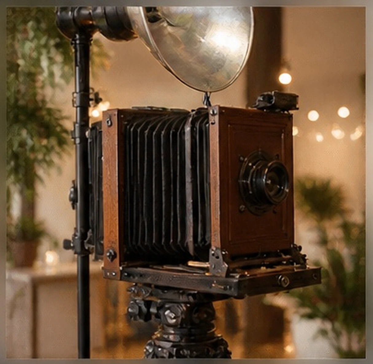 Close view of the vintage wooden camera, extended bellows and reflector