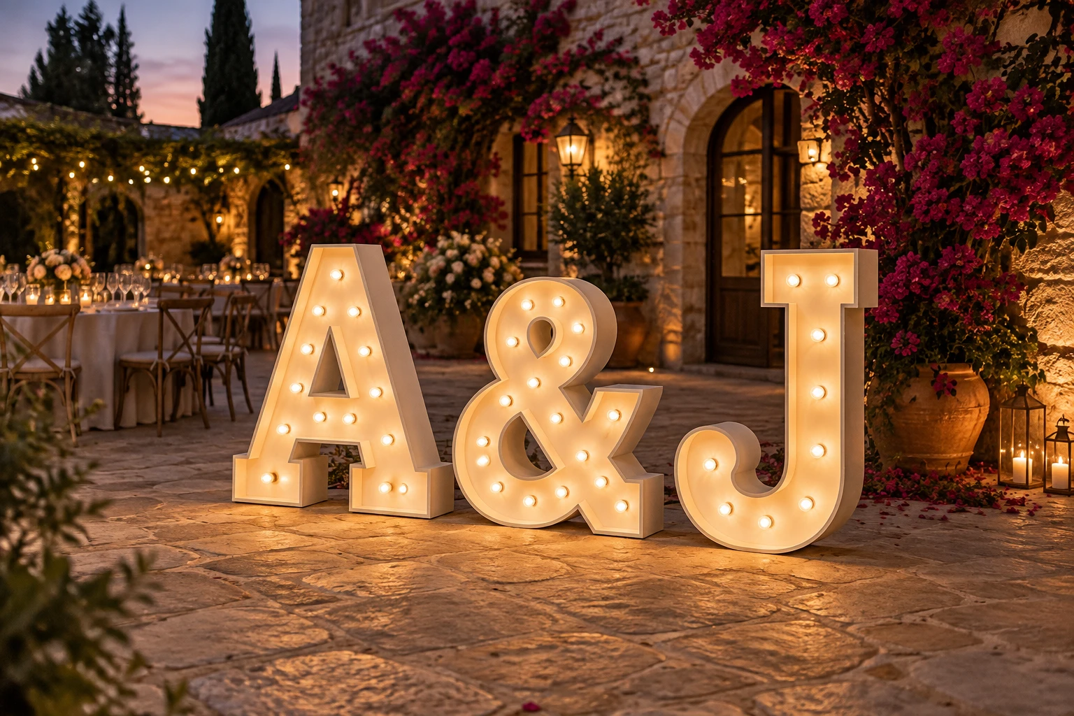 Personalized A & J marquee initials in a softly lit wedding courtyard