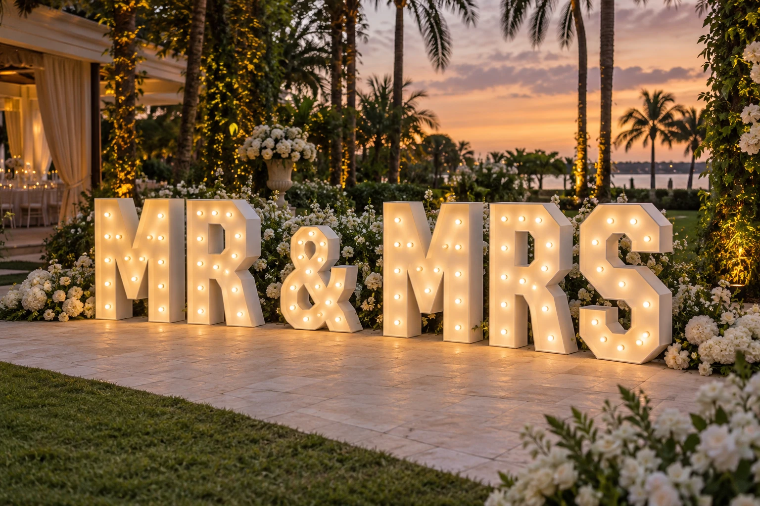 White MR & MRS marquee letters glowing beside a garden wedding reception