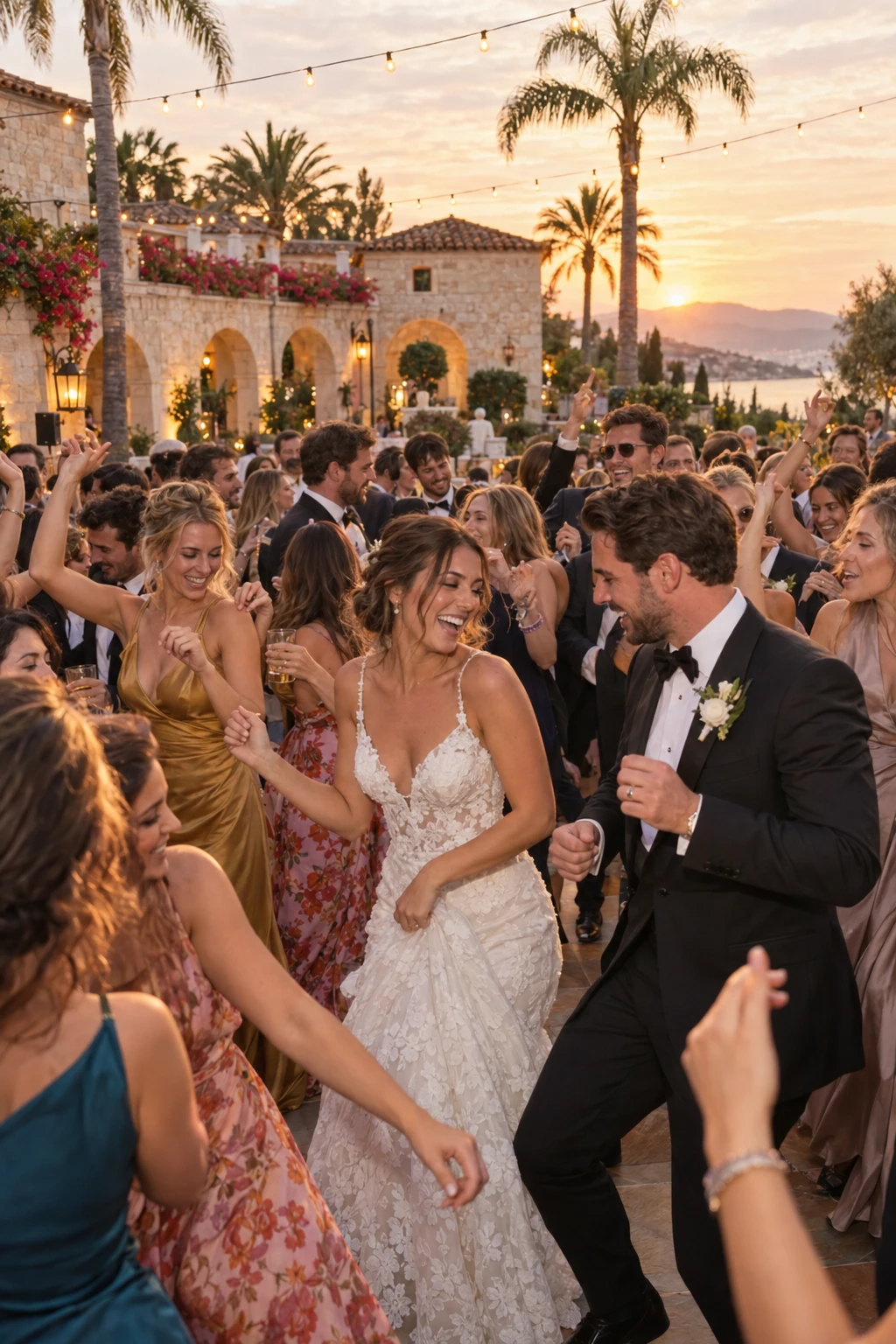 A packed outdoor wedding dance floor in a palm-lined estate courtyard at sunset