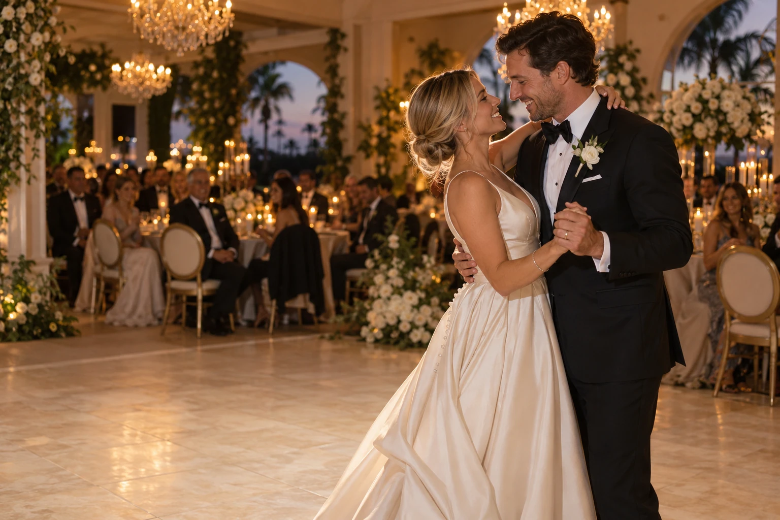 A newly married couple sharing their first dance
