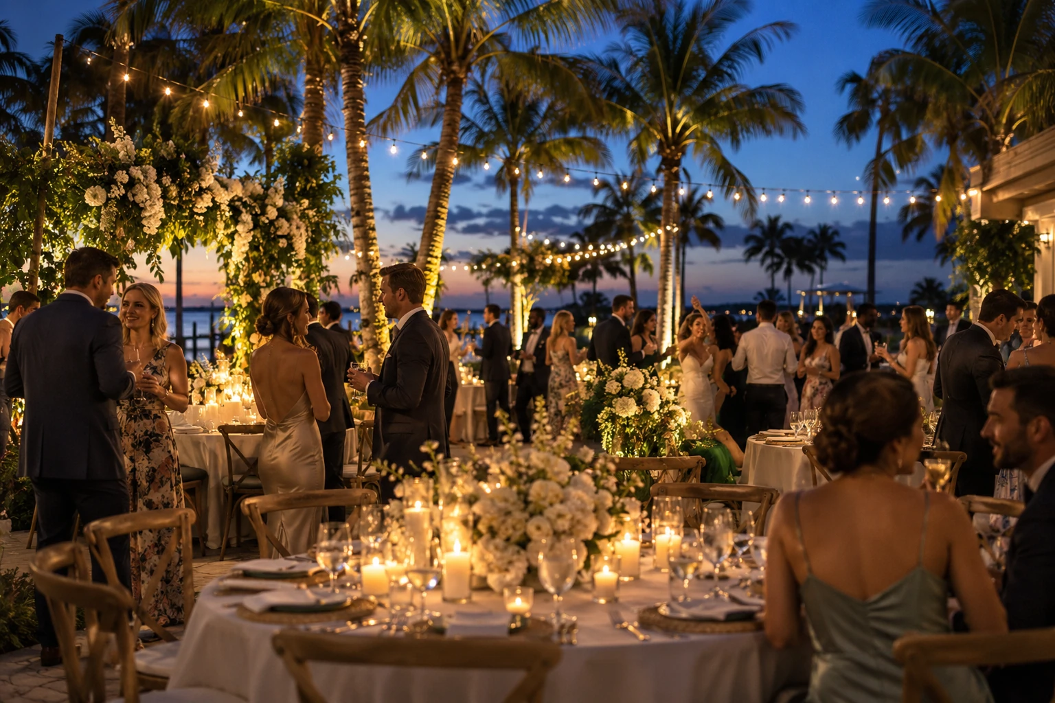 A wedding celebration beneath outdoor string lights